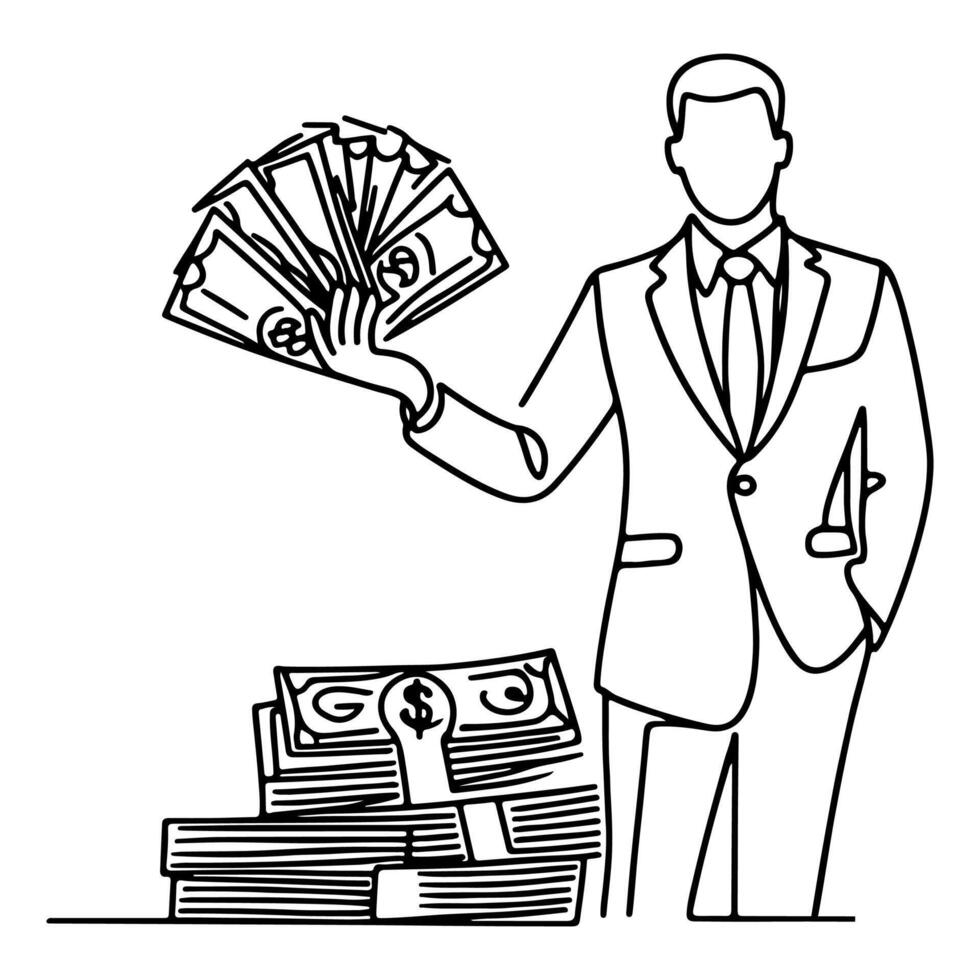 continuous one line businessman displaying a spread of us dollar cash, holding money to showing doodle vector illustration on white background