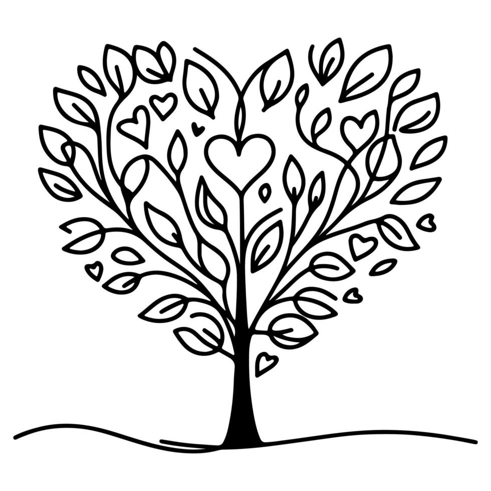 Black love tree with heart leaves. hand draw Valentine tree silhouette clip art isolated on white background, vector illustration