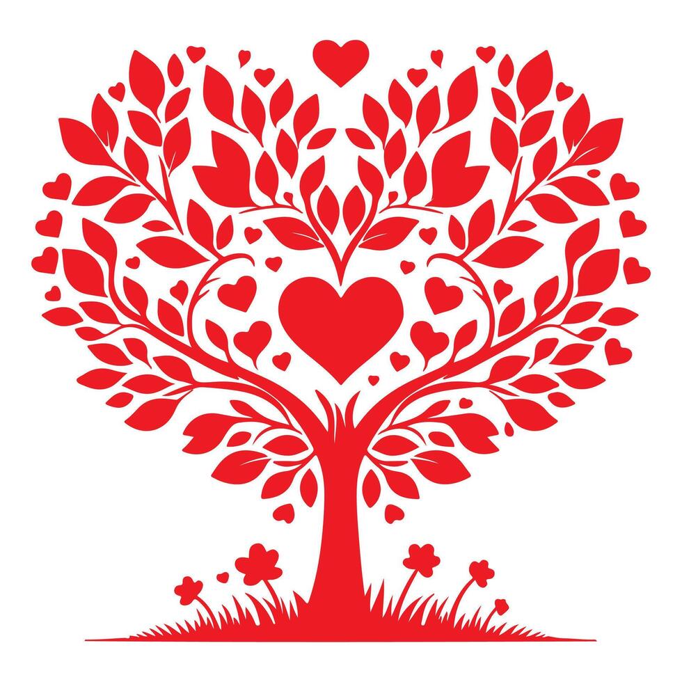 red love tree with heart leaves. hand draw Valentine day tree silhouette clip art isolated on white background, vector illustration