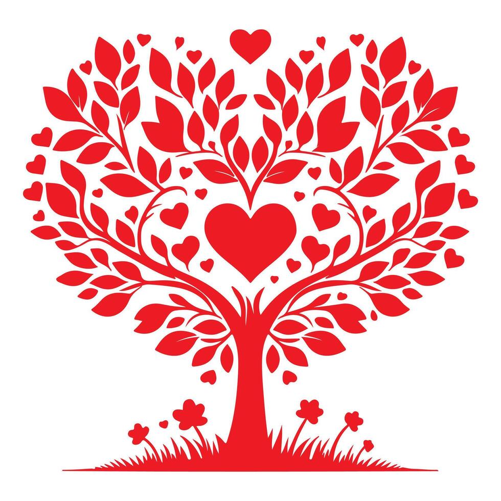 rojo amor árbol con corazón hojas. mano dibujar enamorado día árbol silueta acortar Arte aislado en blanco fondo, vector ilustración