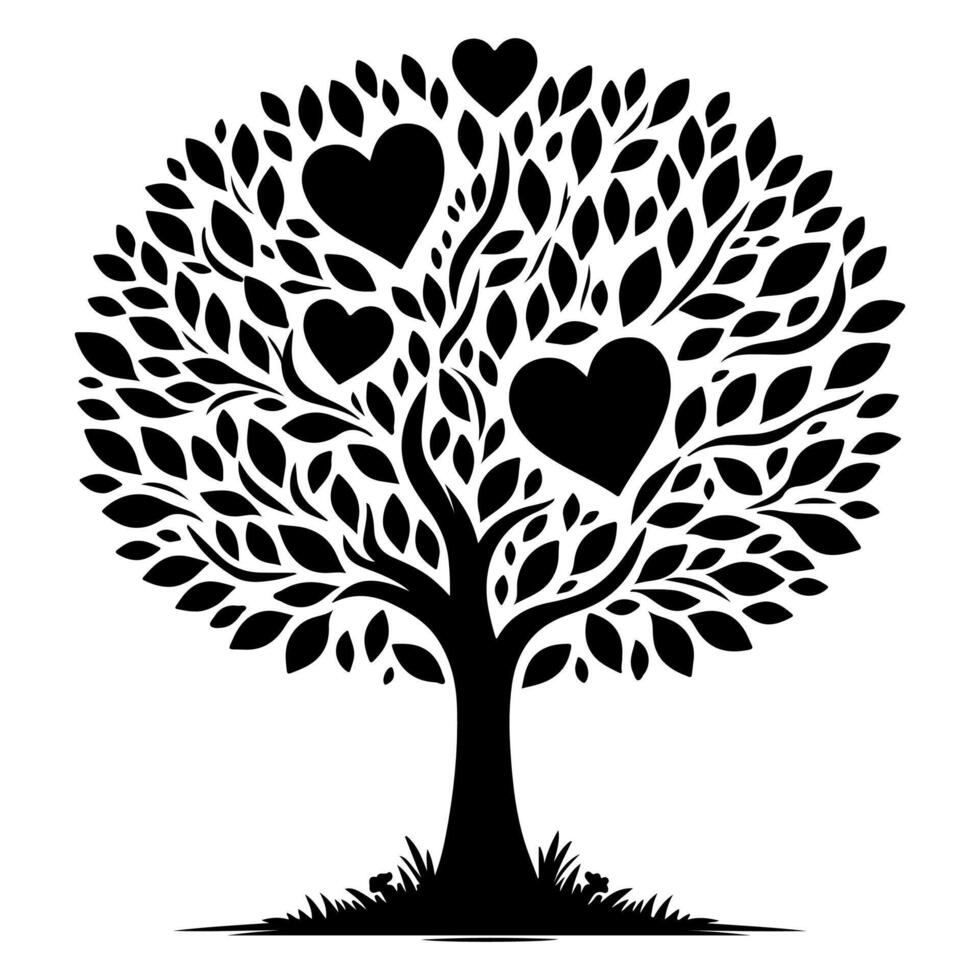 Black love tree with heart leaves. hand draw Valentine tree silhouette clip art isolated on white background, vector illustration