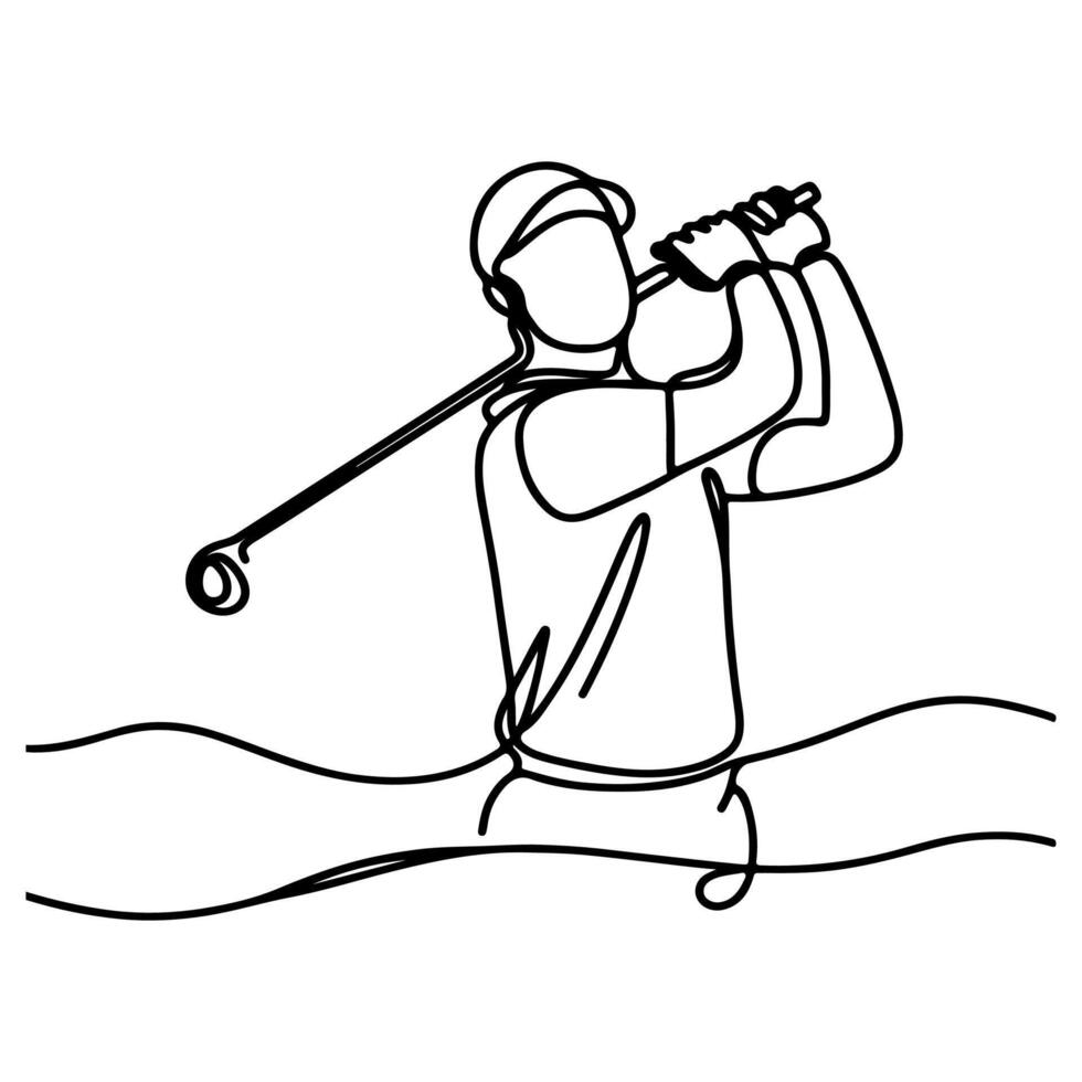 continuous one line golf swing player on professional taking a shot doodle vector illustration on white