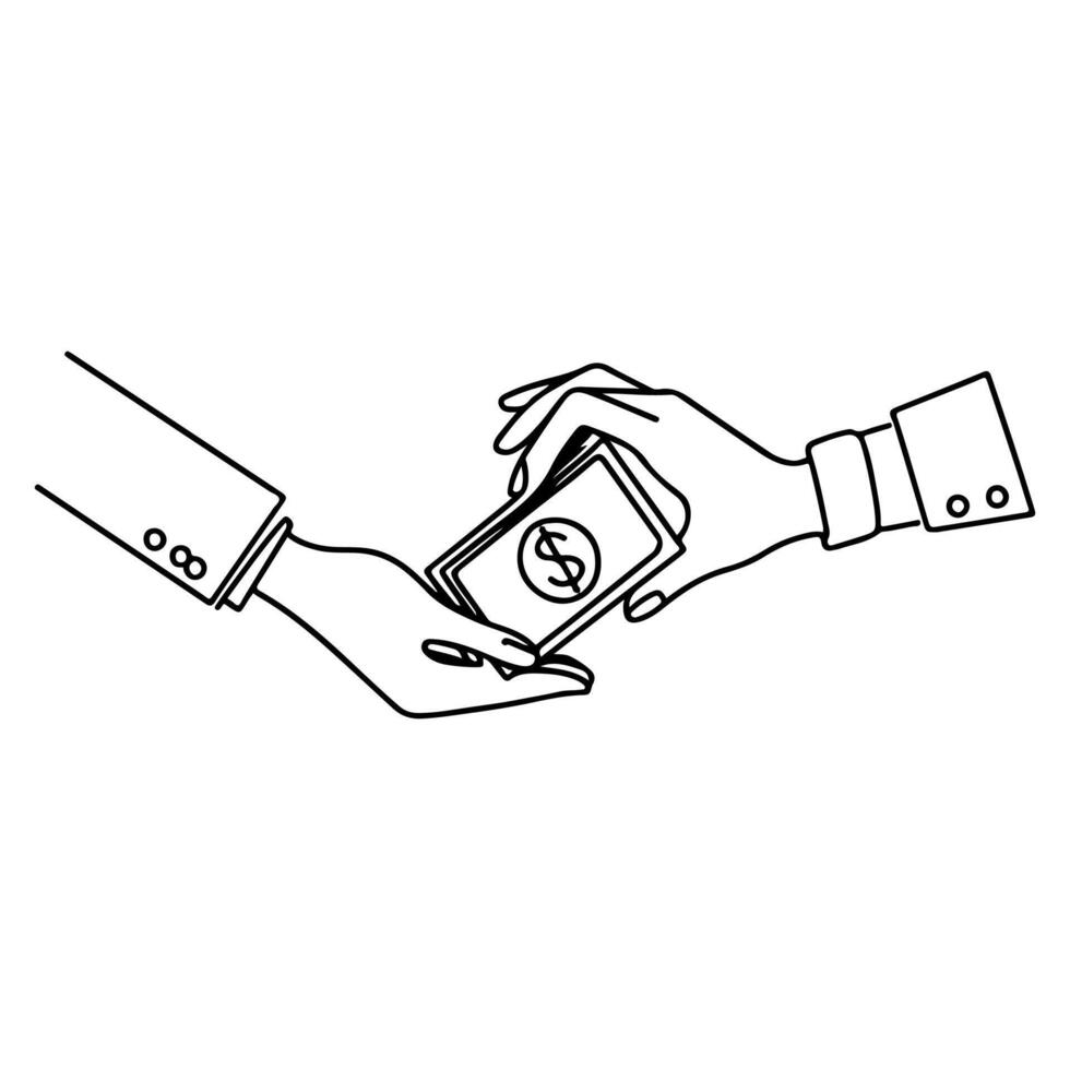hand giving hand holding us dollar money cash give to another people hand doodle exchange concept vector illustration