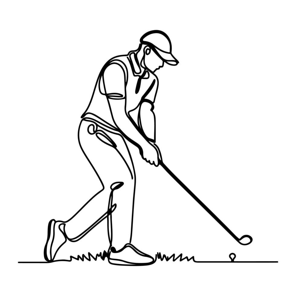 continuous one line golf swing player on professional taking a shot doodle vector illustration on white
