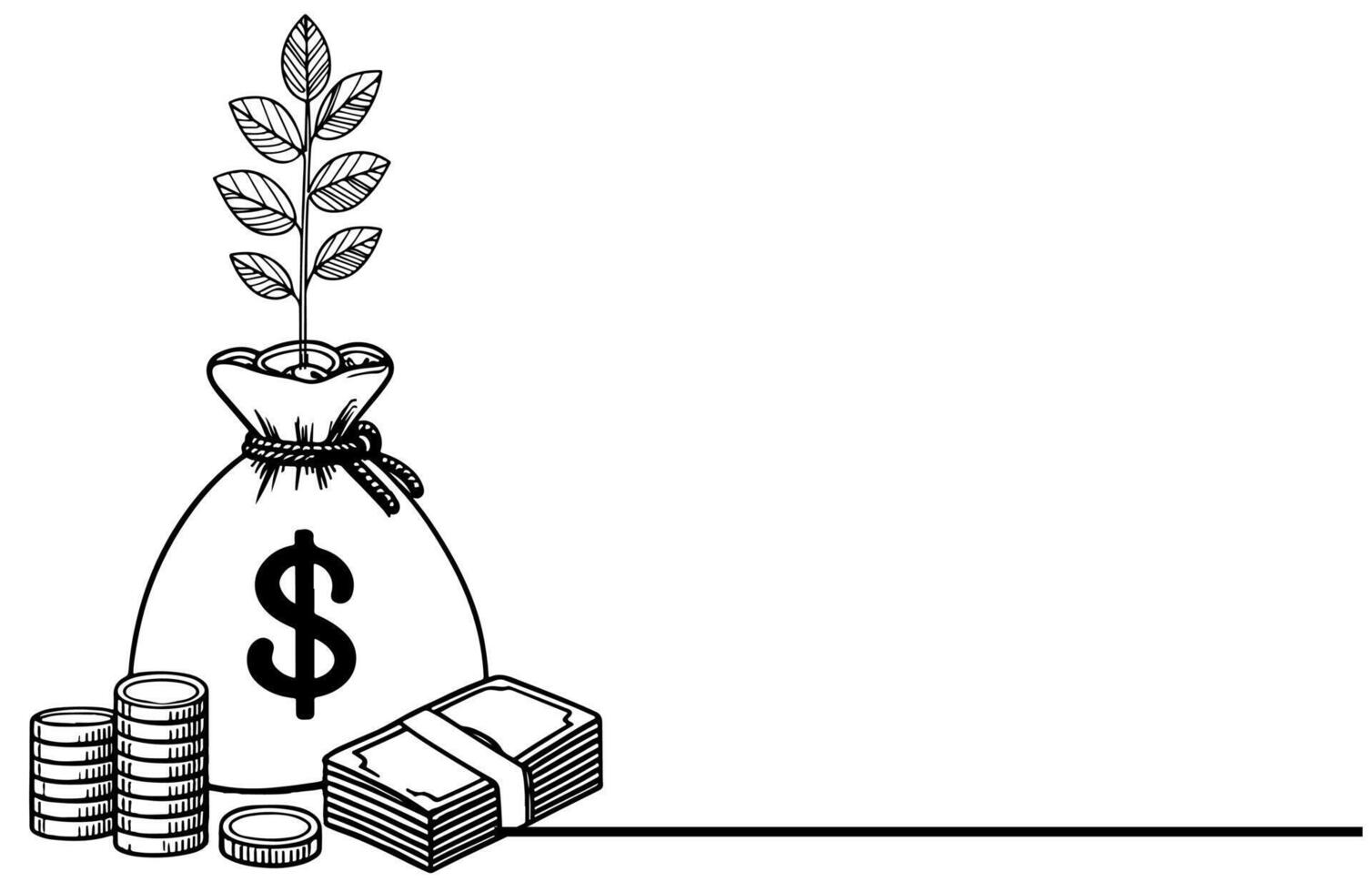 AI generated A small tree sprouts growing in stacking coin and money bag, financial goal business doodle concept vector illustration