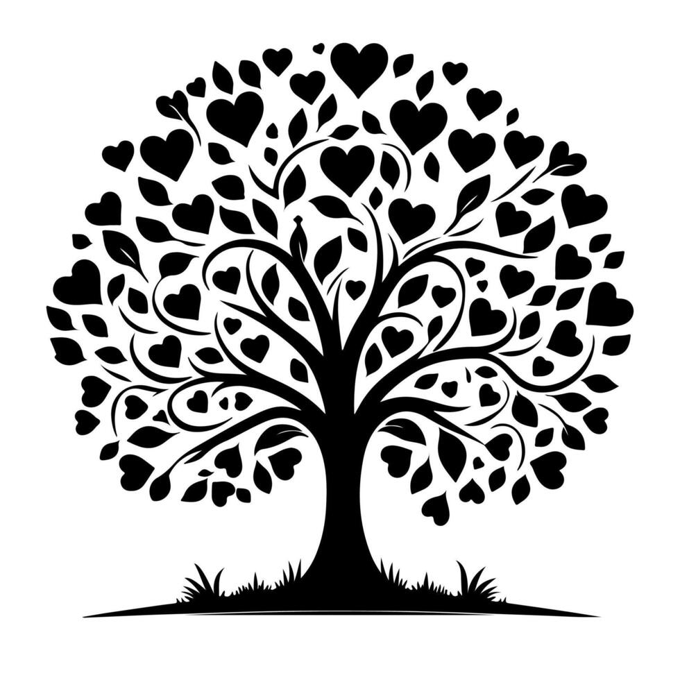 black love tree with heart leaves. hand draw Valentine day tree silhouette clip art isolated on white background, vector illustration