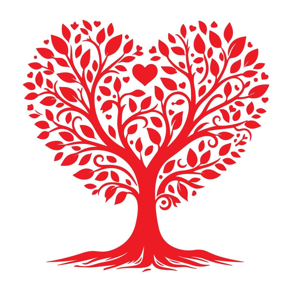 red love tree with heart leaves. hand draw Valentine day tree silhouette clip art isolated on white background, vector illustration