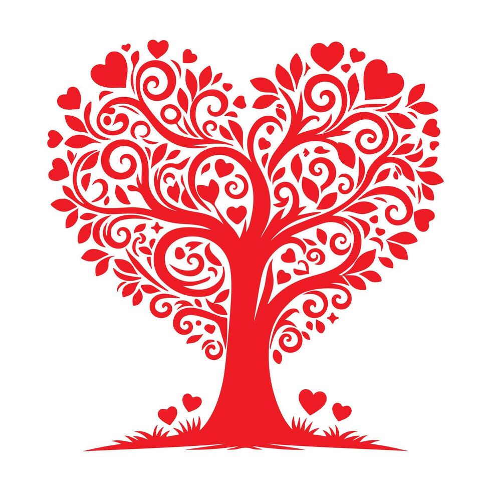 rojo amor árbol con corazón hojas. mano dibujar enamorado día árbol silueta acortar Arte aislado en blanco fondo, vector ilustración