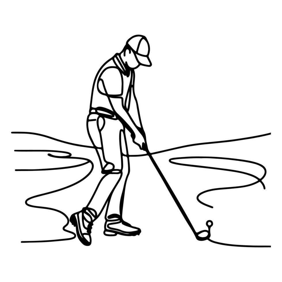 continuous one line golf swing player on professional taking a shot doodle vector illustration on white
