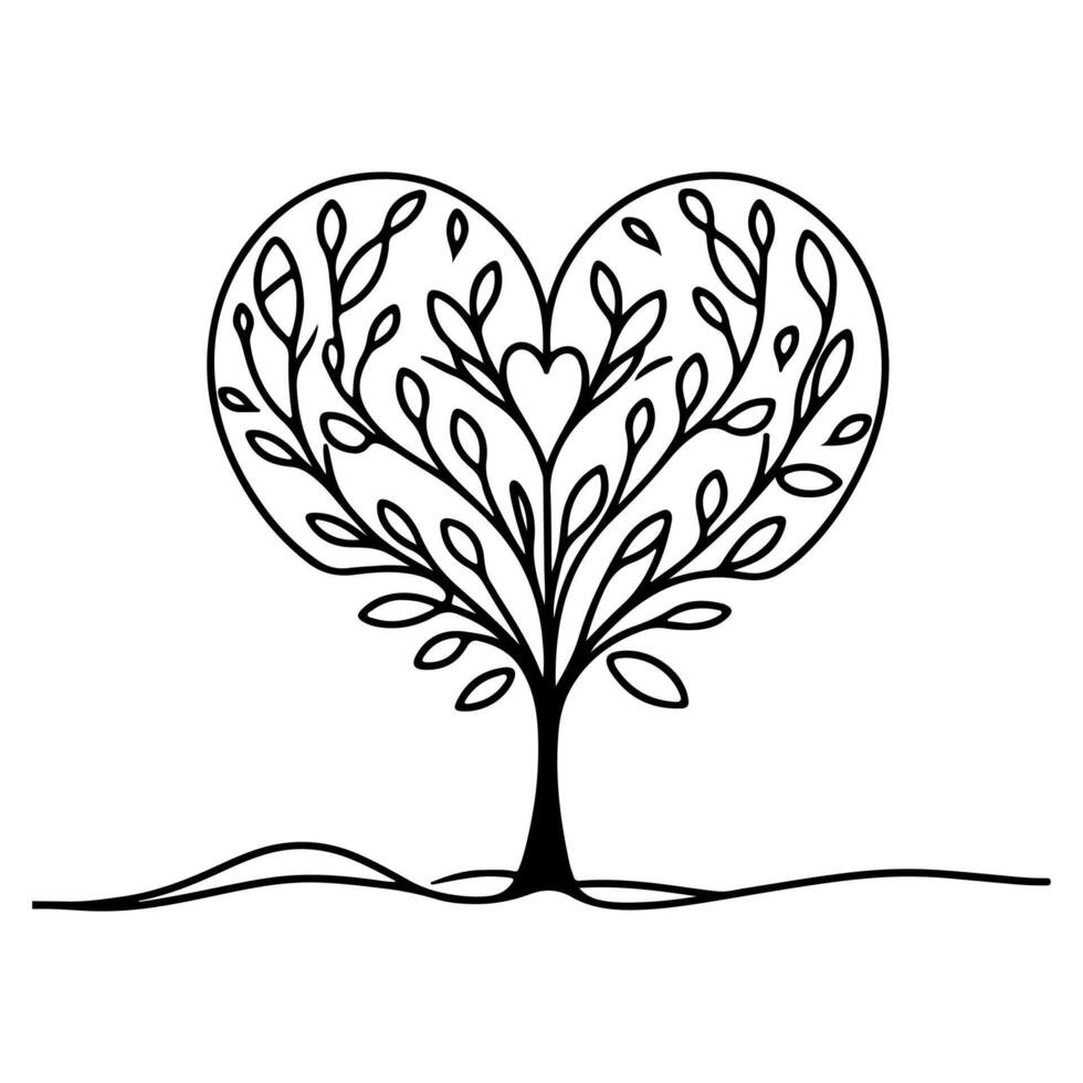 Black love tree with heart leaves. hand draw Valentine tree silhouette clip art isolated on white background, vector illustration
