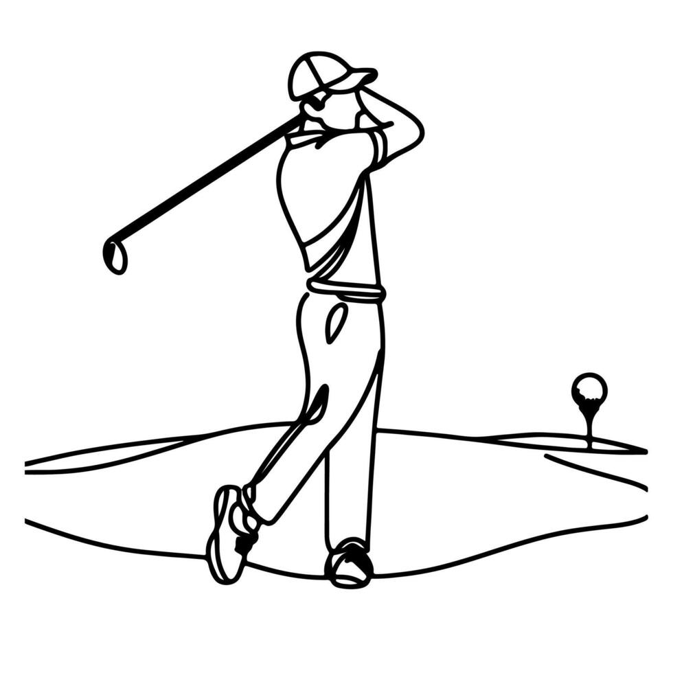 continuous one line golf swing player on professional taking a shot doodle vector illustration on white