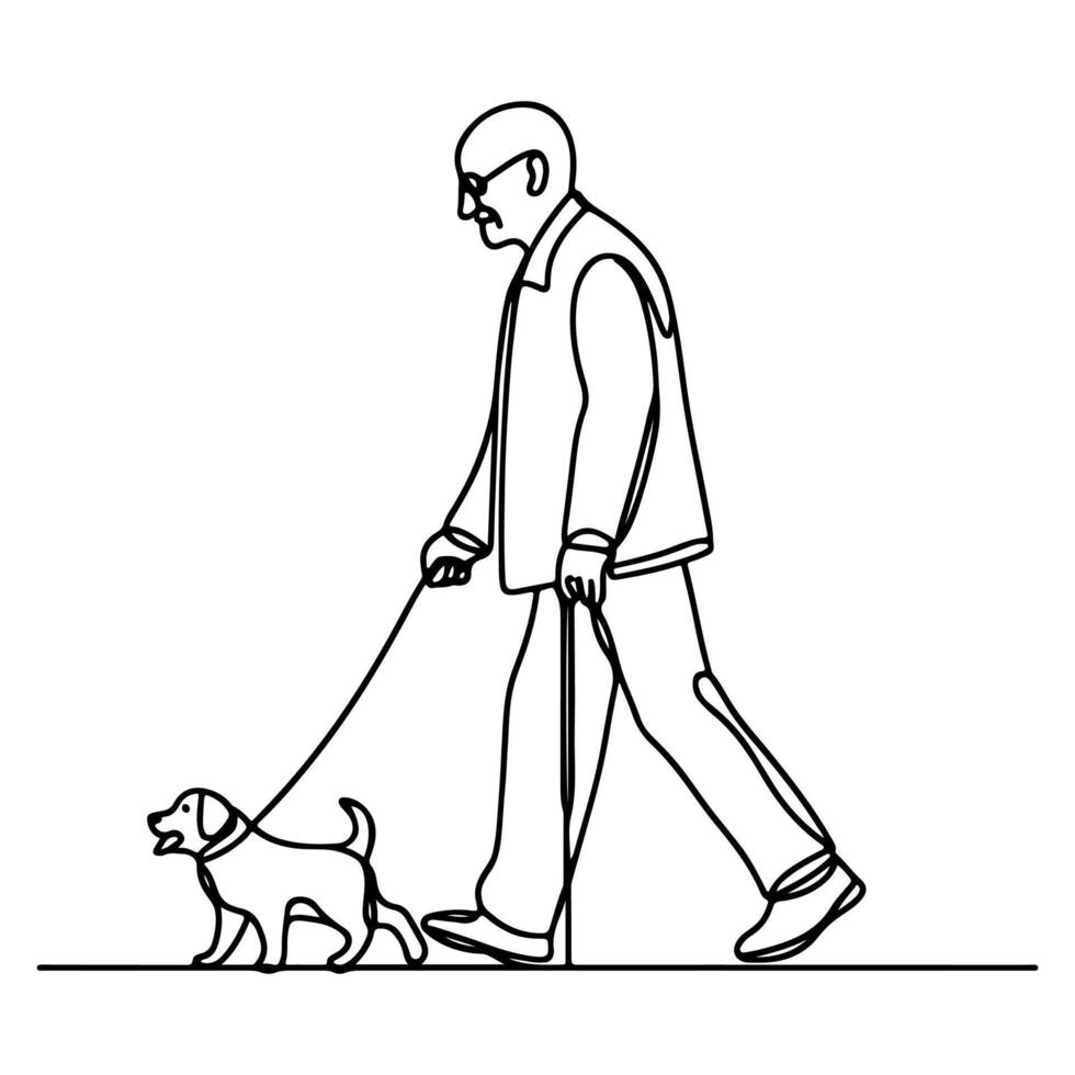 continuo soltero negro lineal línea bosquejo dibujo persona caminando con perrito perro garabatear vector ilustración en blanco