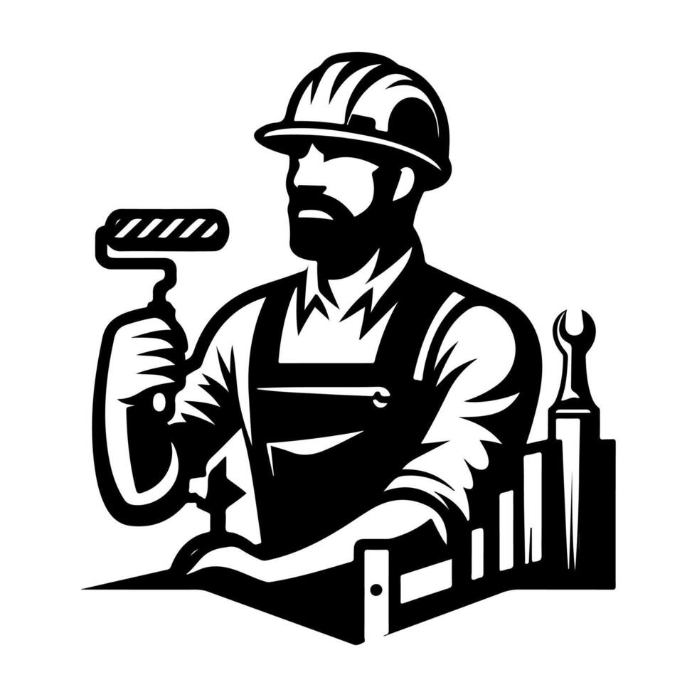 ai generado sencillo trabajador hombre dibujos animados con herramienta, constructor construcción logo monocromo icono negro silueta diseño estilo vector ilustración internacional labor día concepto