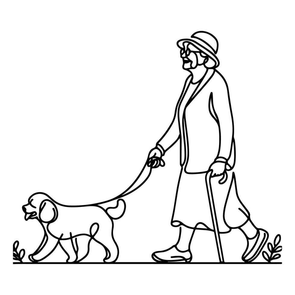 continuo soltero negro lineal línea bosquejo dibujo antiguo mujer caminando con perrito perro garabatear vector ilustración en blanco