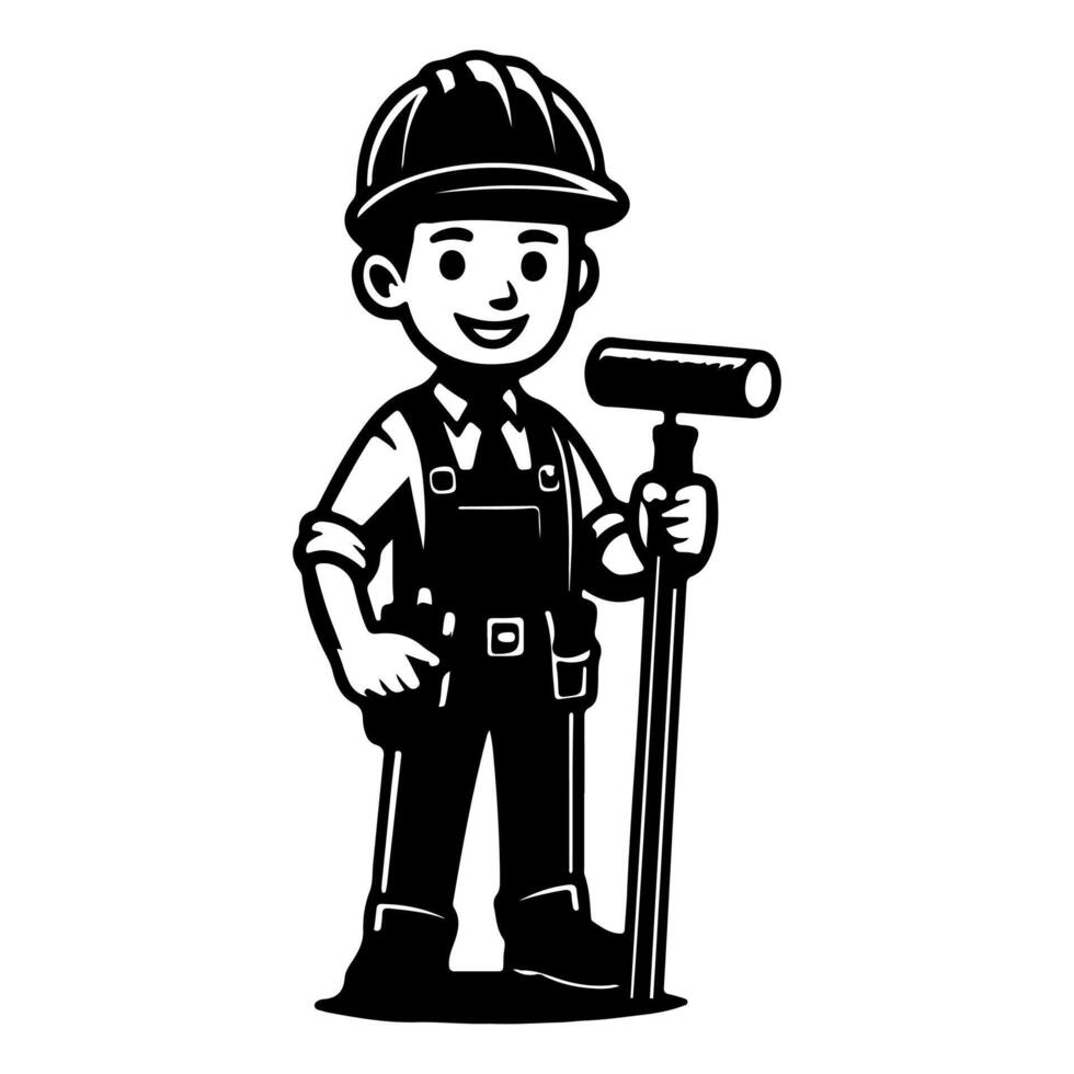 ai generado sencillo trabajador hombre dibujos animados con herramienta, constructor construcción logo monocromo icono negro silueta diseño estilo vector ilustración internacional labor día concepto