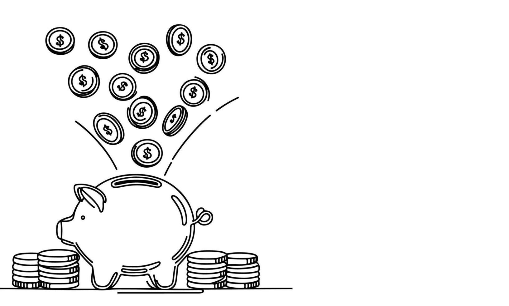 continuous one black line coins falling in Piggy bank doodle style vector illustration on white background