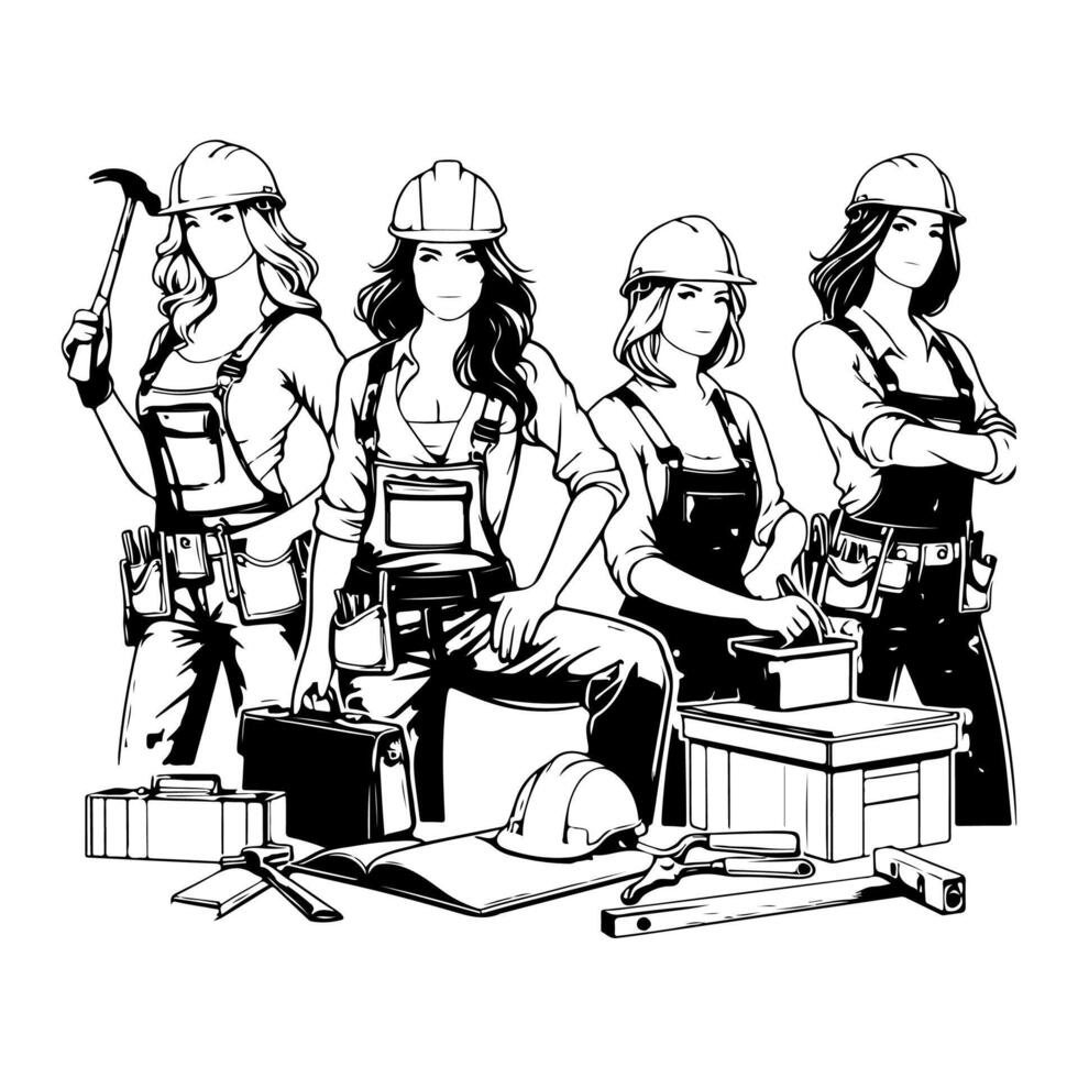 ai generado sencillo trabajador mujer dibujos animados con herramienta, constructor construcción logo monocromo icono negro silueta diseño estilo vector ilustración internacional labor día concepto