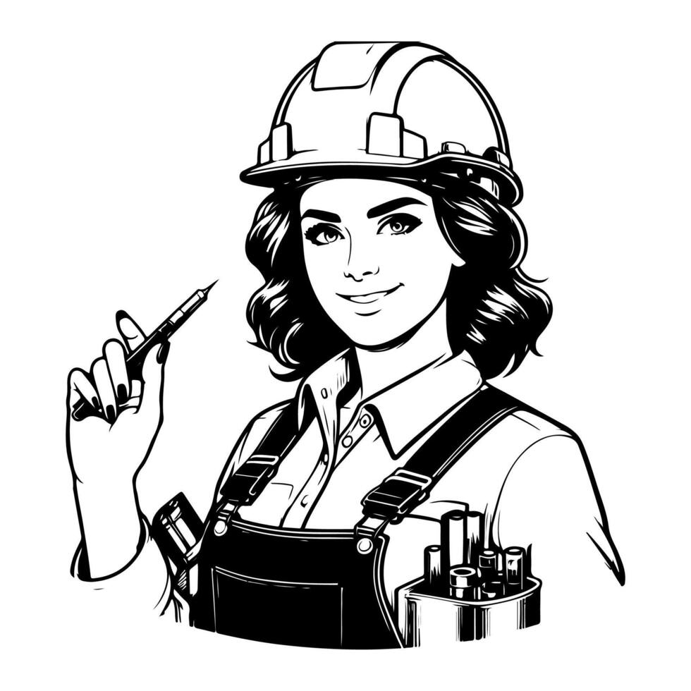 ai generado sencillo trabajador mujer dibujos animados con herramienta, constructor construcción logo monocromo icono negro silueta diseño estilo vector ilustración internacional labor día concepto