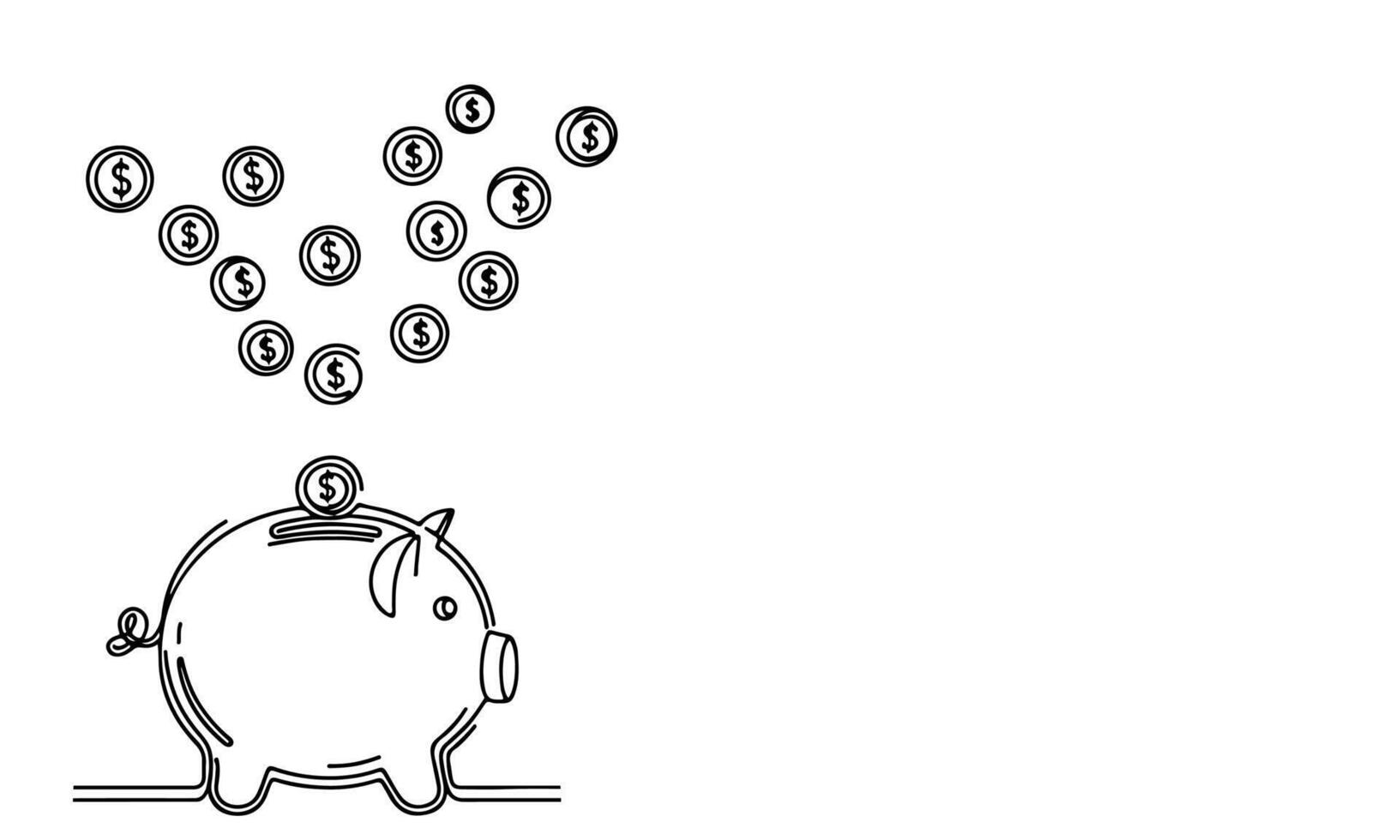 continuous one black line coins falling in Piggy bank doodle style vector illustration on white background