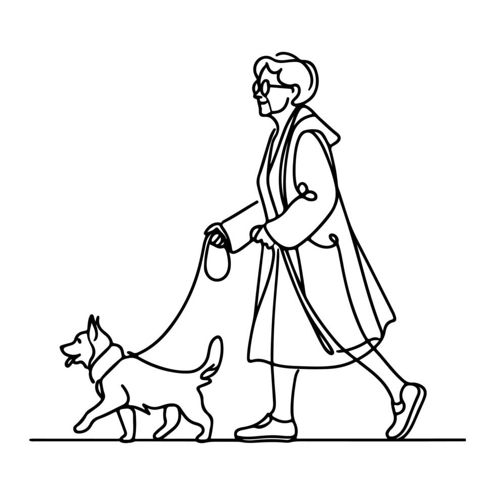 continuous single black linear line sketch drawing old woman walking with puppy dog doodle vector illustration on white