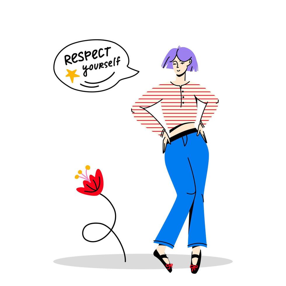 Standing confident woman with speech bubble. Respect yourself hand drawn lettering. Feminism and self love concept. Vector flat trendy illustration
