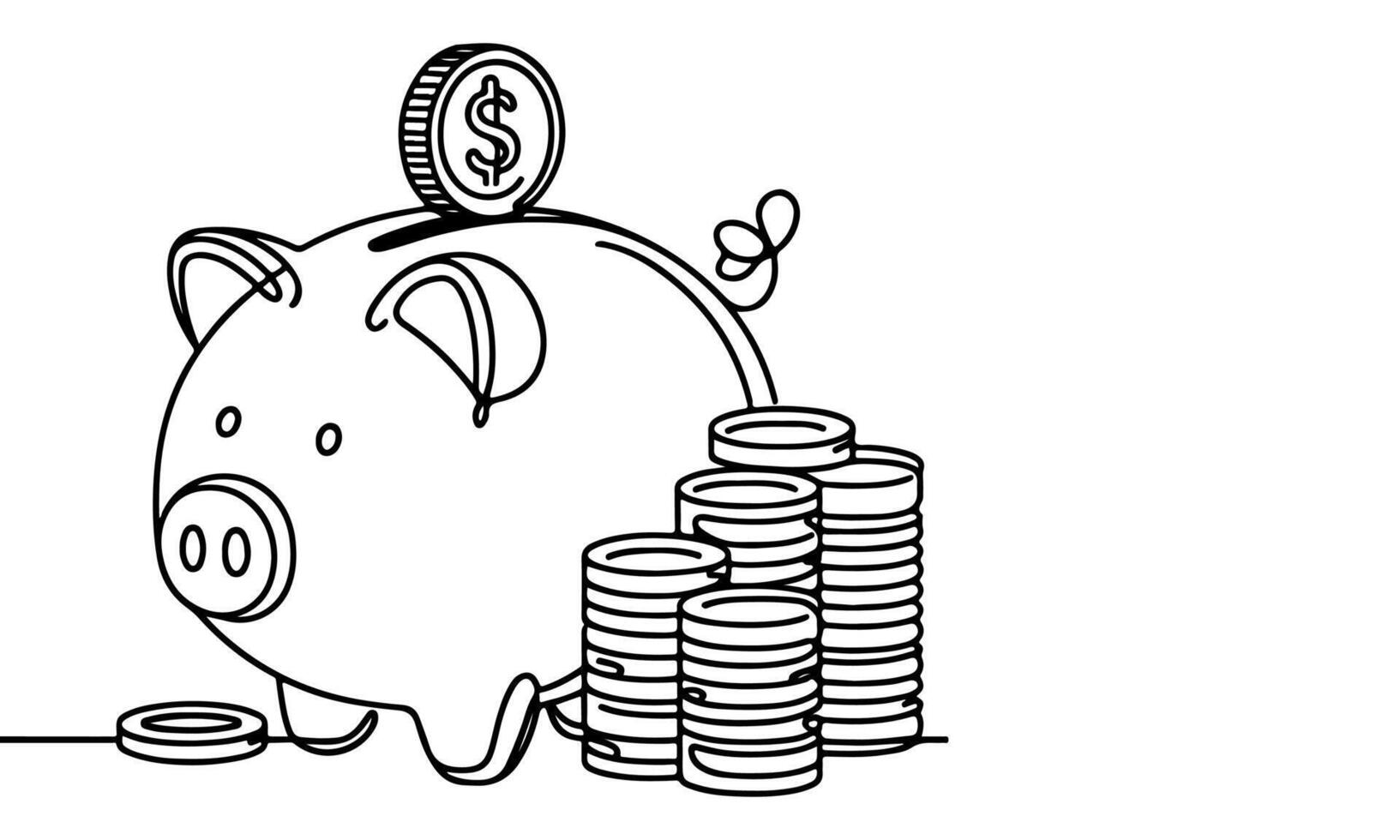 continuous one black line coins falling in Piggy bank doodle style vector illustration on white background