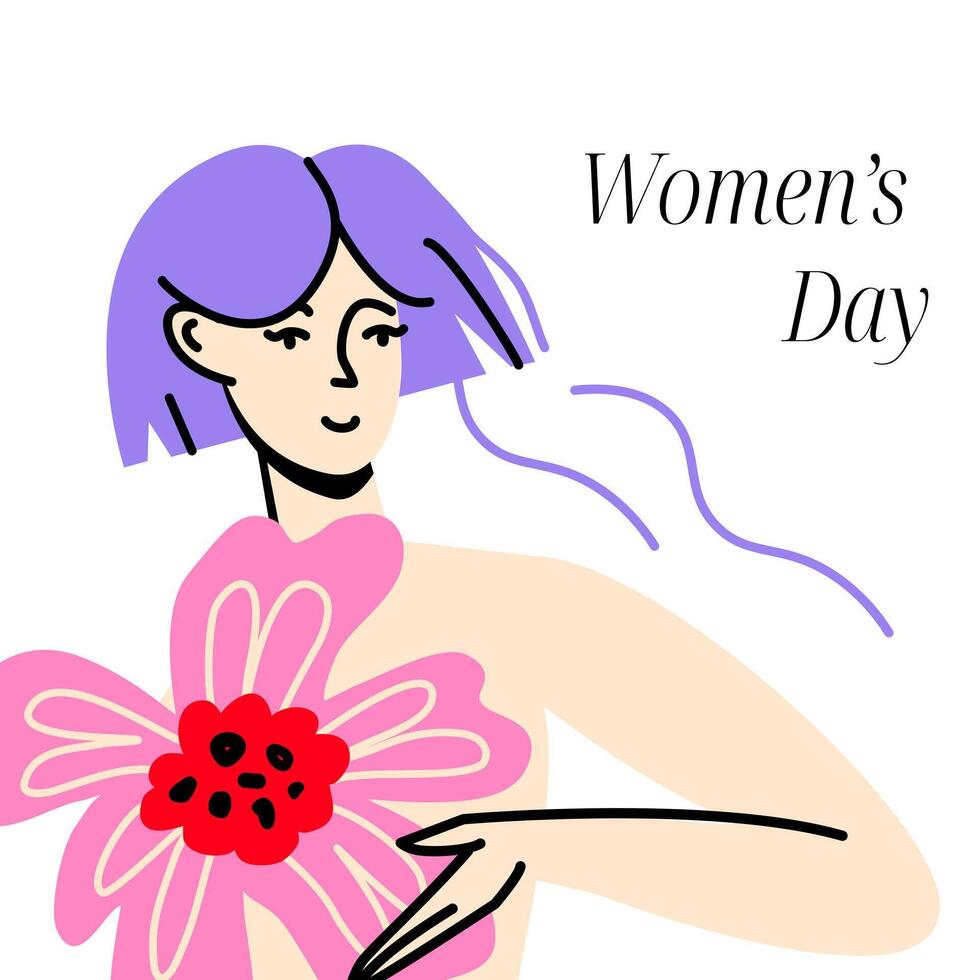 International women's day postcard modern design. Female holding bold flower. Feminism, self love and freedom concept. Flat colorful vector isolated illustration