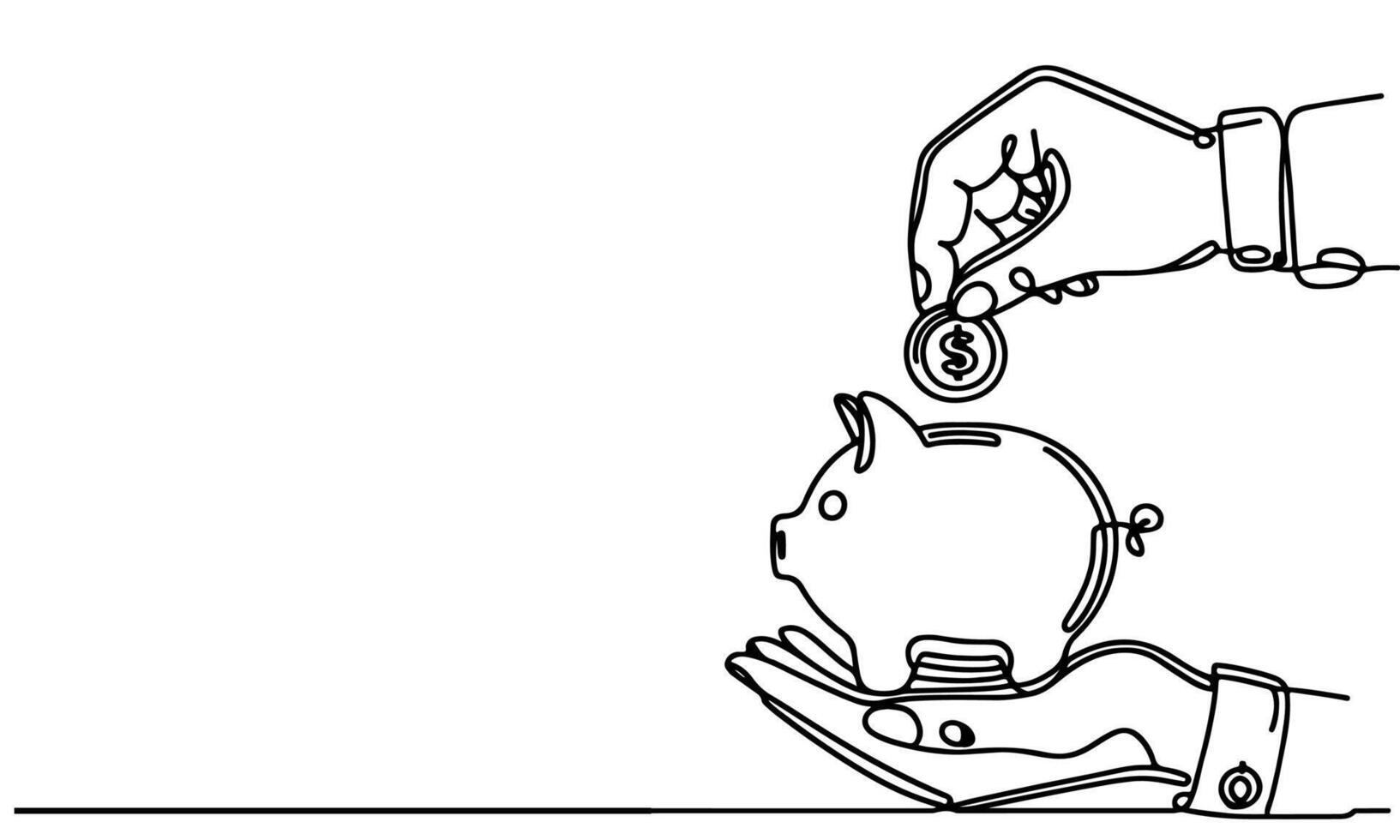 continuous one black line hand putting coins falling in Piggy bank doodle style vector illustration on white background