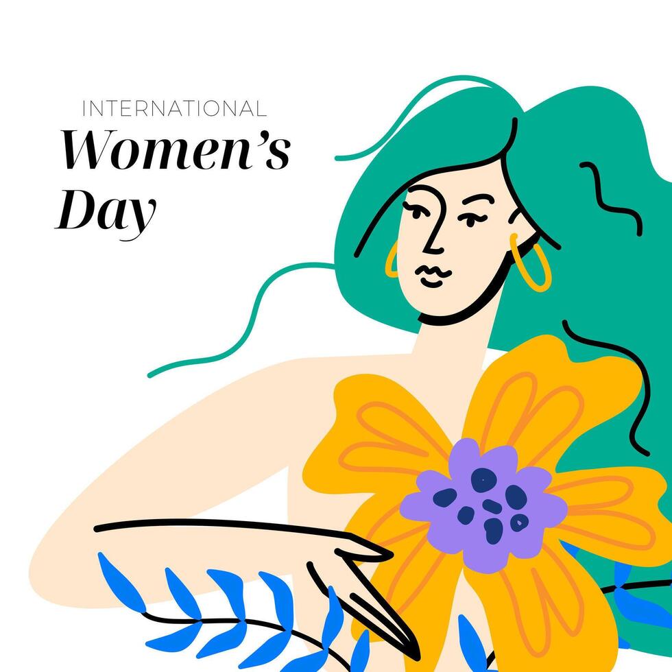 International women's day modern design. Happy female surrounded by bold flowers. Feminism and self love concept. Flat vibrant vector isolated illustration