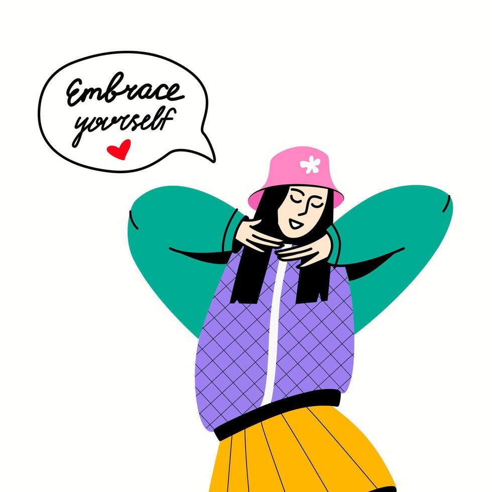 sonriente joven mujer con habla burbuja. abrazo tú mismo mano dibujado letras. feminismo y yo amor concepto. vector plano de moda ilustración