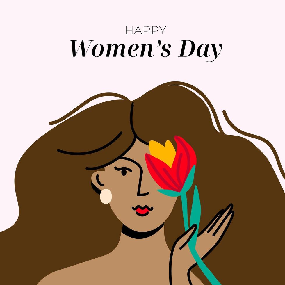 International women's day postcard modern design. Beautiful woman holding tulip. Feminism and self love concept. Flat colorful vector isolated illustration