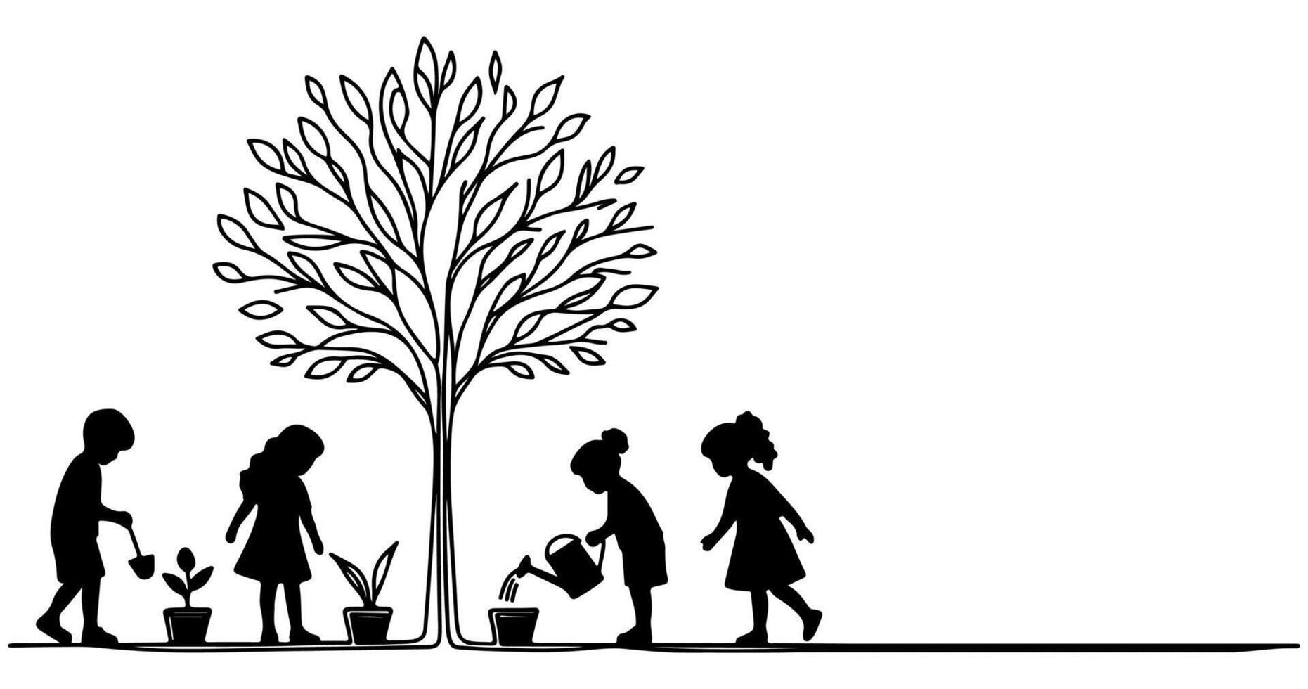 Continuous one black line art drawing Silhouette of children watering a tree. planting tree to save the world and earth day reduce global warming growth concept vector illustration on white background