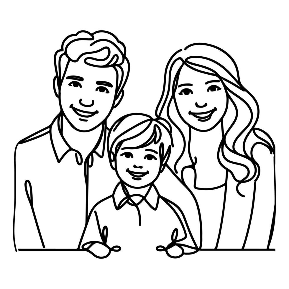 continuo uno negro línea Arte dibujo contento familia padre y madre con niño garabatos estilo vector ilustración en blanco