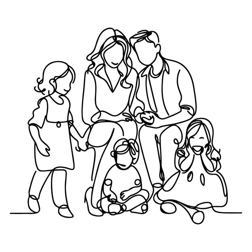 Continuous one black line art drawing happy family father and mother with child doodles style vector illustration on white