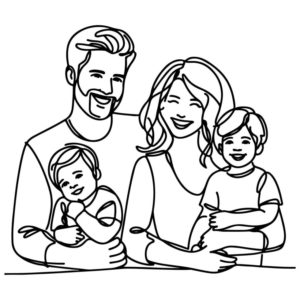 Continuous one black line art drawing happy family father and mother with child doodles style vector illustration on white