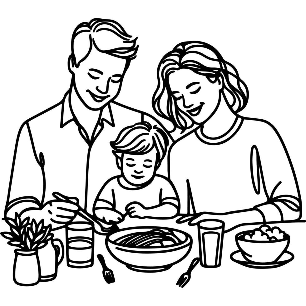 Continuous one black line art drawing happy family father and mother with child. having dinner sitting at table doodles style vector illustration on white background