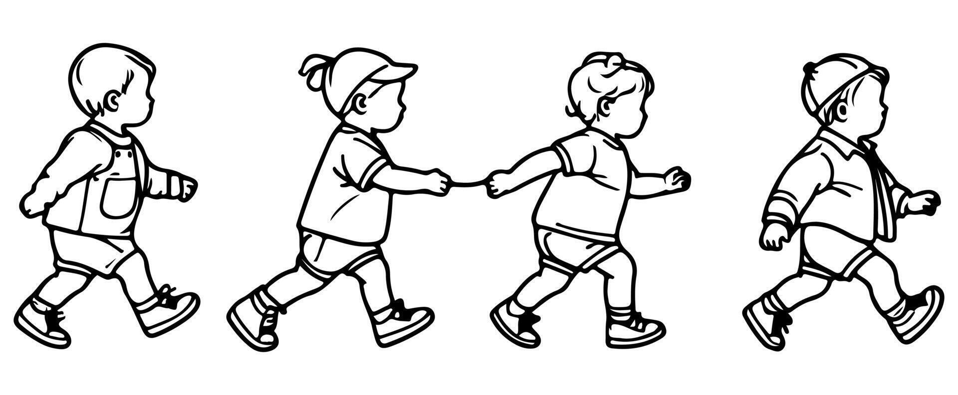 Continuous one black line art hand drawing child walking doodles outline cartoon characters set style coloring page vector illustration  on white background