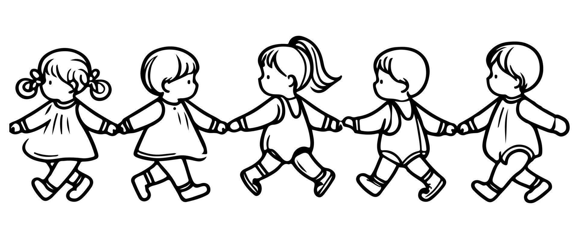 Continuous one black line art hand drawing child walking doodles outline cartoon characters set style coloring page vector illustration  on white background