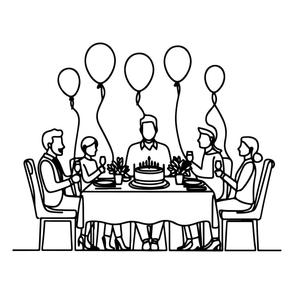 single continuous drawing black line family dinner sitting at table to celebration anniversary birthday party doodles vector