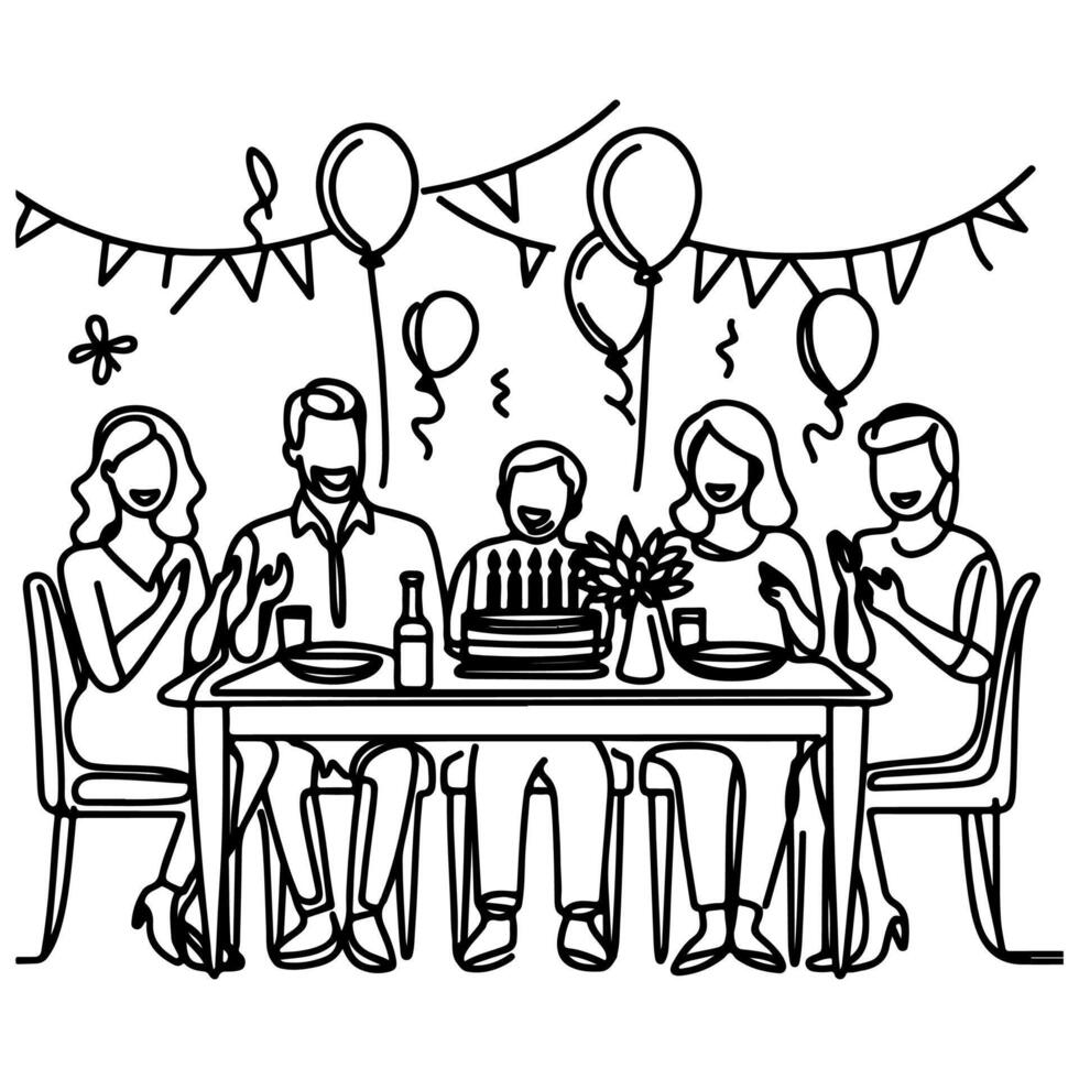 single continuous drawing black line family dinner sitting at table to celebration anniversary happy birthday party doodles vector