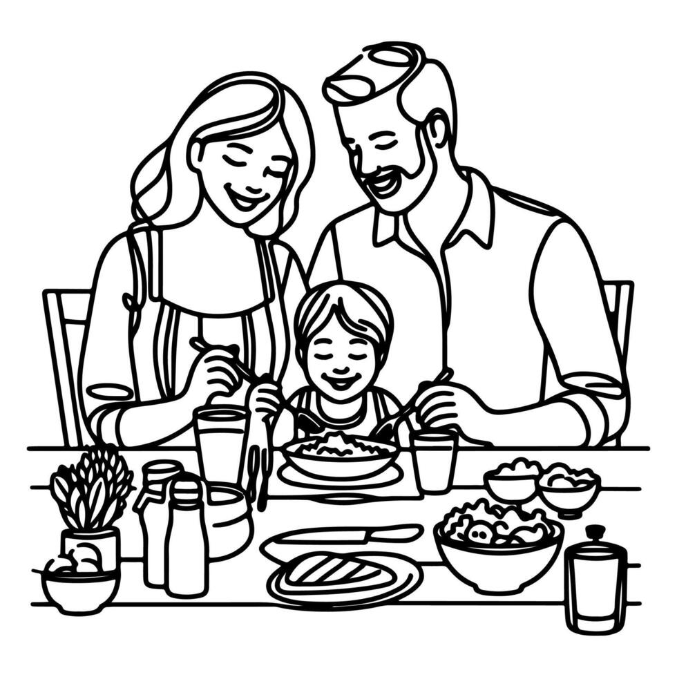 continuo uno negro línea Arte dibujo contento familia padre y madre con niño. teniendo cena sentado a mesa garabatos estilo vector ilustración en blanco antecedentes