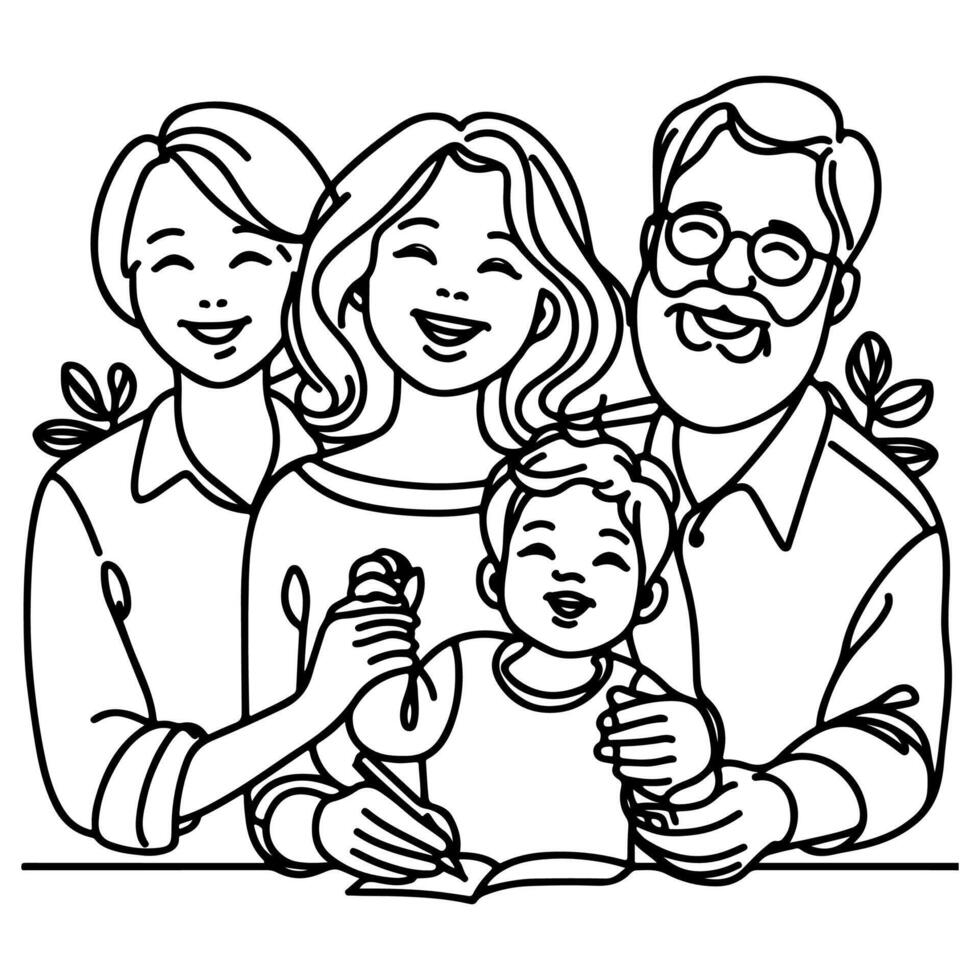 Continuous one black line art drawing happy family father and mother with child doodles style vector illustration on white