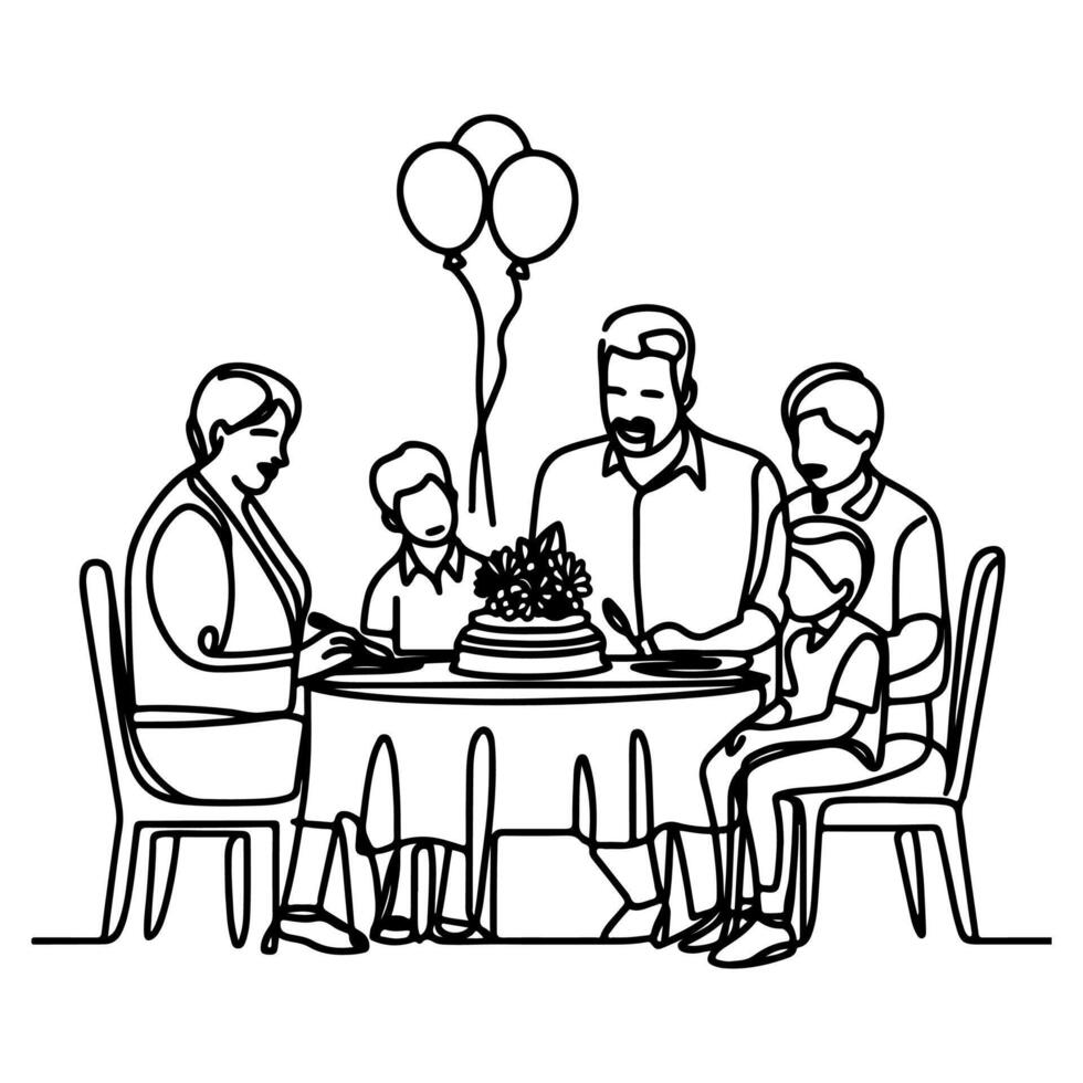 soltero continuo dibujo negro línea familia cena sentado a mesa a celebracion aniversario cumpleaños fiesta garabatos vector