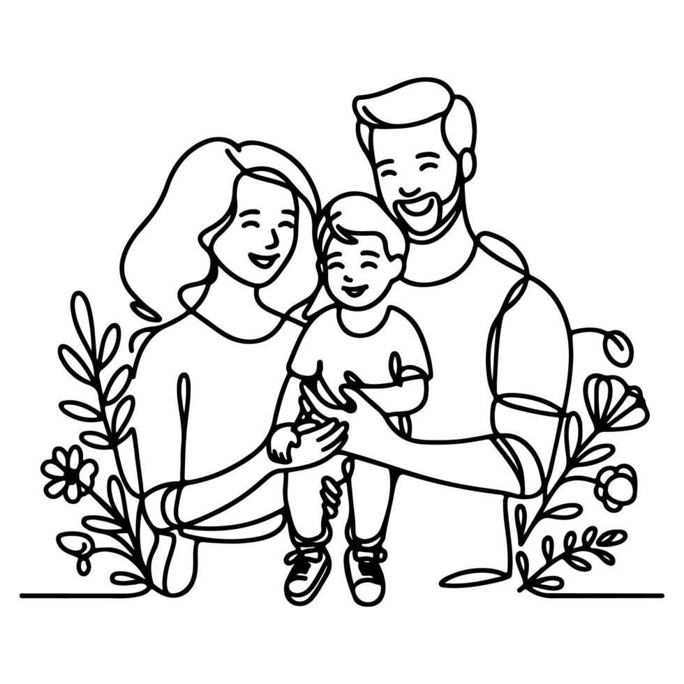 continuo uno negro línea Arte dibujo contento familia padre y madre con niño garabatos estilo vector ilustración en blanco