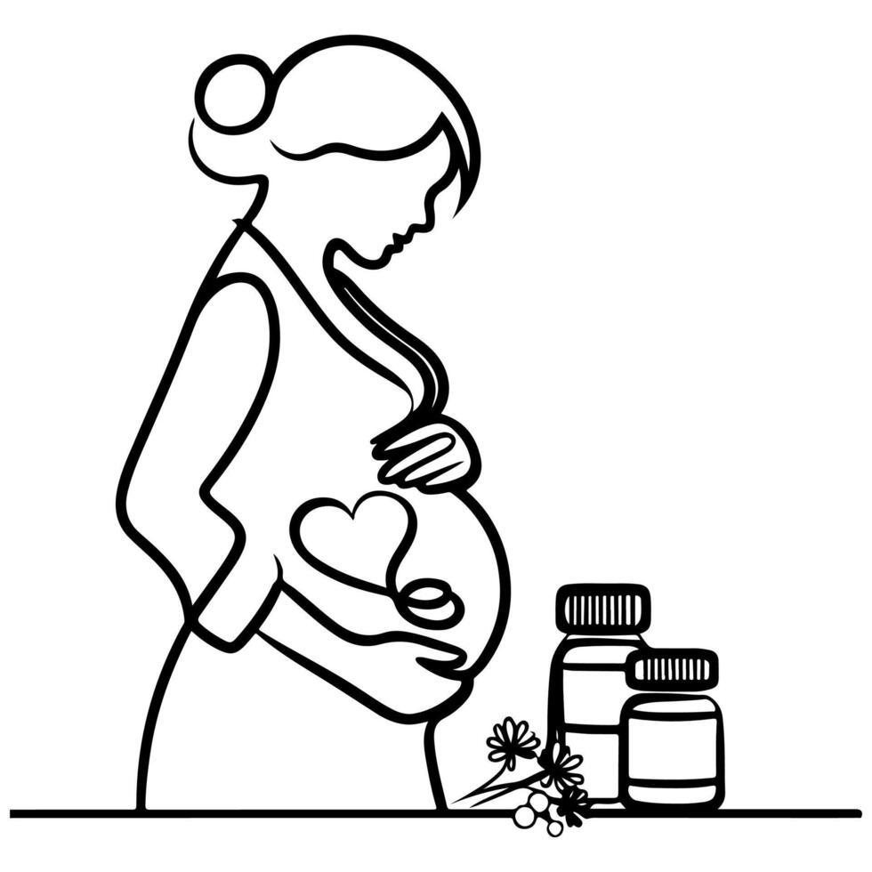 soltero continuo negro línea Arte dibujo lineal Arte medicina salud cuidado el embarazo sano con embarazada comida garabatear vector ilustración