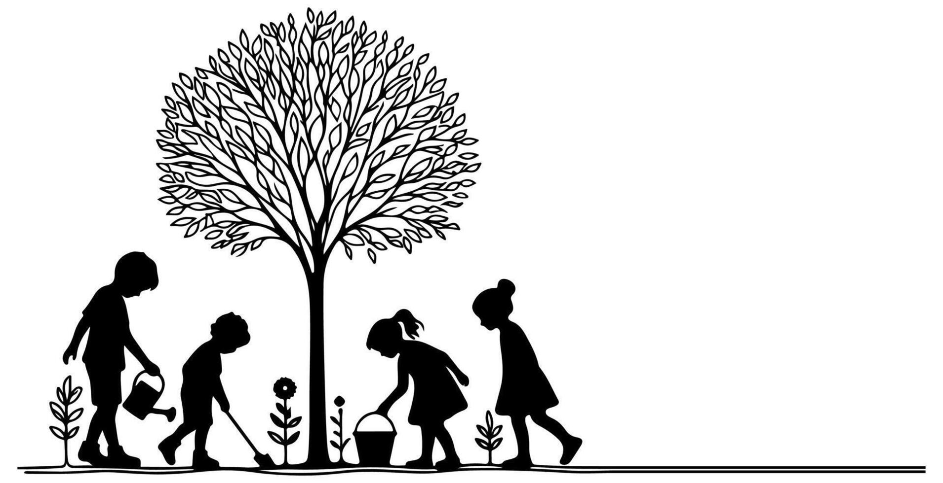 continuo uno negro línea Arte dibujo silueta de niños plantando árbol. pala alojamiento raíces planta dentro suelo a salvar el mundo y tierra día reducir global calentamiento crecimiento vector