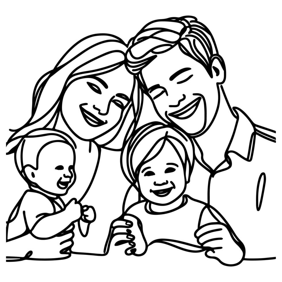 Continuous one black line art drawing happy family father and mother with child doodles style vector illustration on white