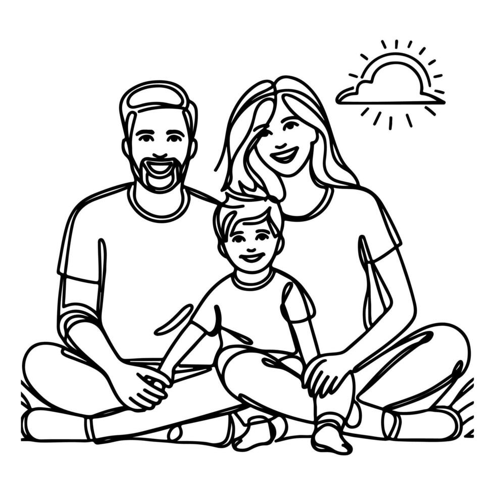 Continuous one black line art drawing happy family father and mother with child doodles style vector illustration on white