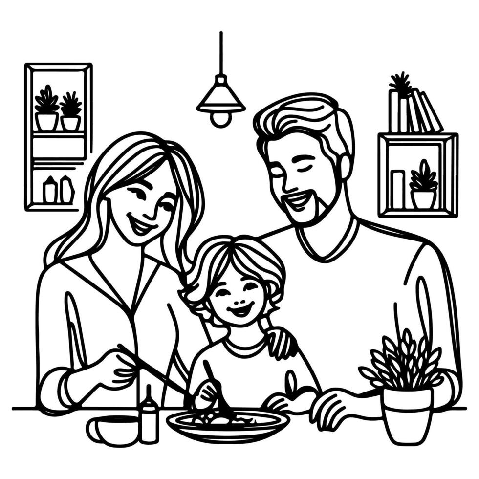 continuo uno negro línea Arte dibujo contento familia padre y madre con niño. teniendo cena sentado a mesa garabatos estilo vector ilustración en blanco antecedentes