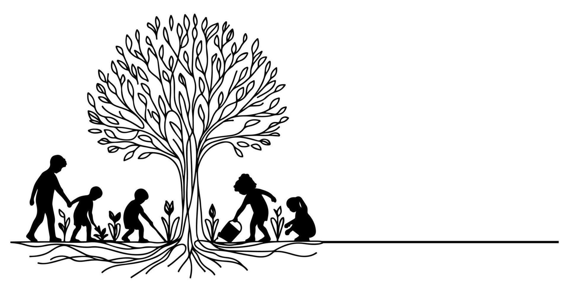 Continuous one black line art drawing Silhouette of children planting tree. Shovel digs roots plant into ground to save the world and earth day reduce global warming growth vector